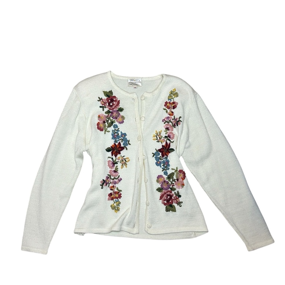 Vintage Susan Bristol Early 90s Hand Embroidered Floral Grandma Cardigan, Size M